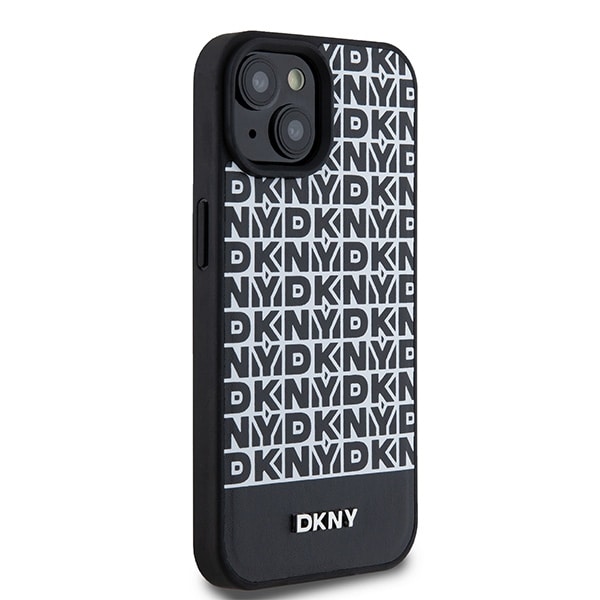 DKNY MagSafe-etui i læder med trykt mønster og metallogo til iPhone 15/14/13 - Sort
