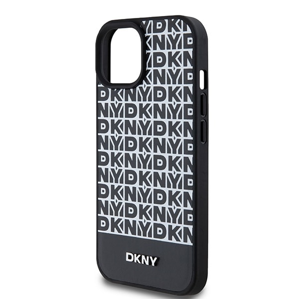 DKNY MagSafe-etui i læder med trykt mønster og metallogo til iPhone 15/14/13 - Sort