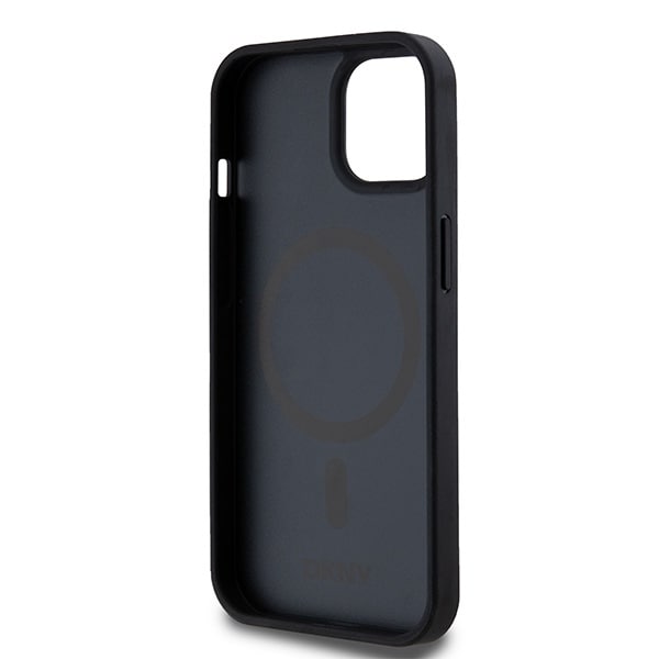 DKNY MagSafe-etui i læder med trykt mønster og metallogo til iPhone 15/14/13 - Sort