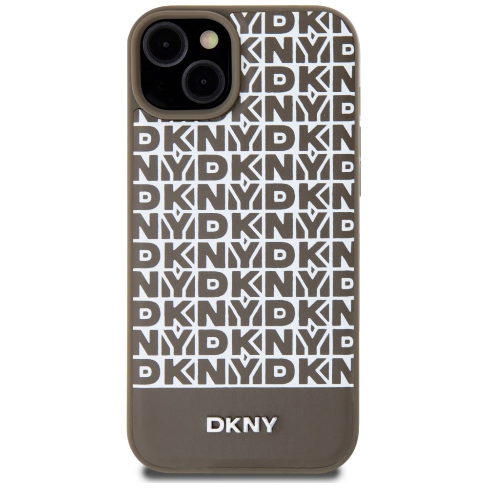 DKNY MagSafe-etui i læder med trykt mønster og metallogo til iPhone 15/14/13 - Brun