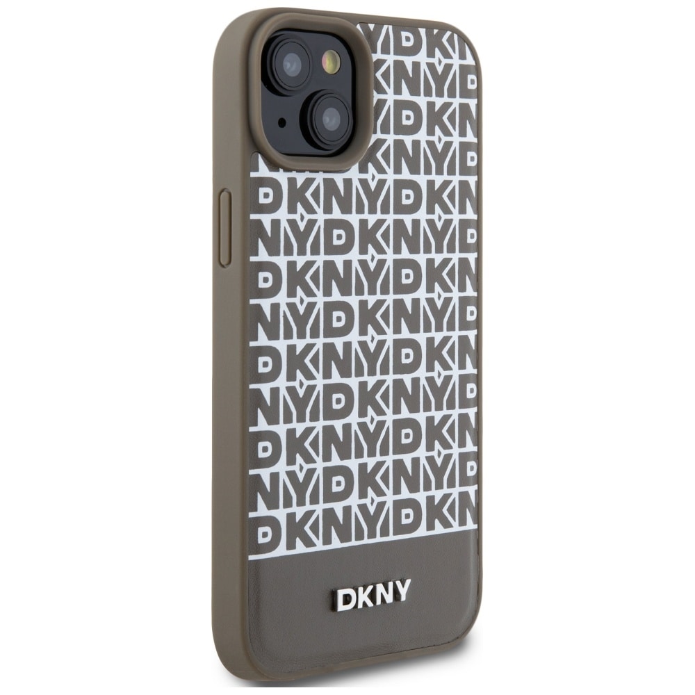 DKNY MagSafe-etui i læder med trykt mønster og metallogo til iPhone 15/14/13 - Brun