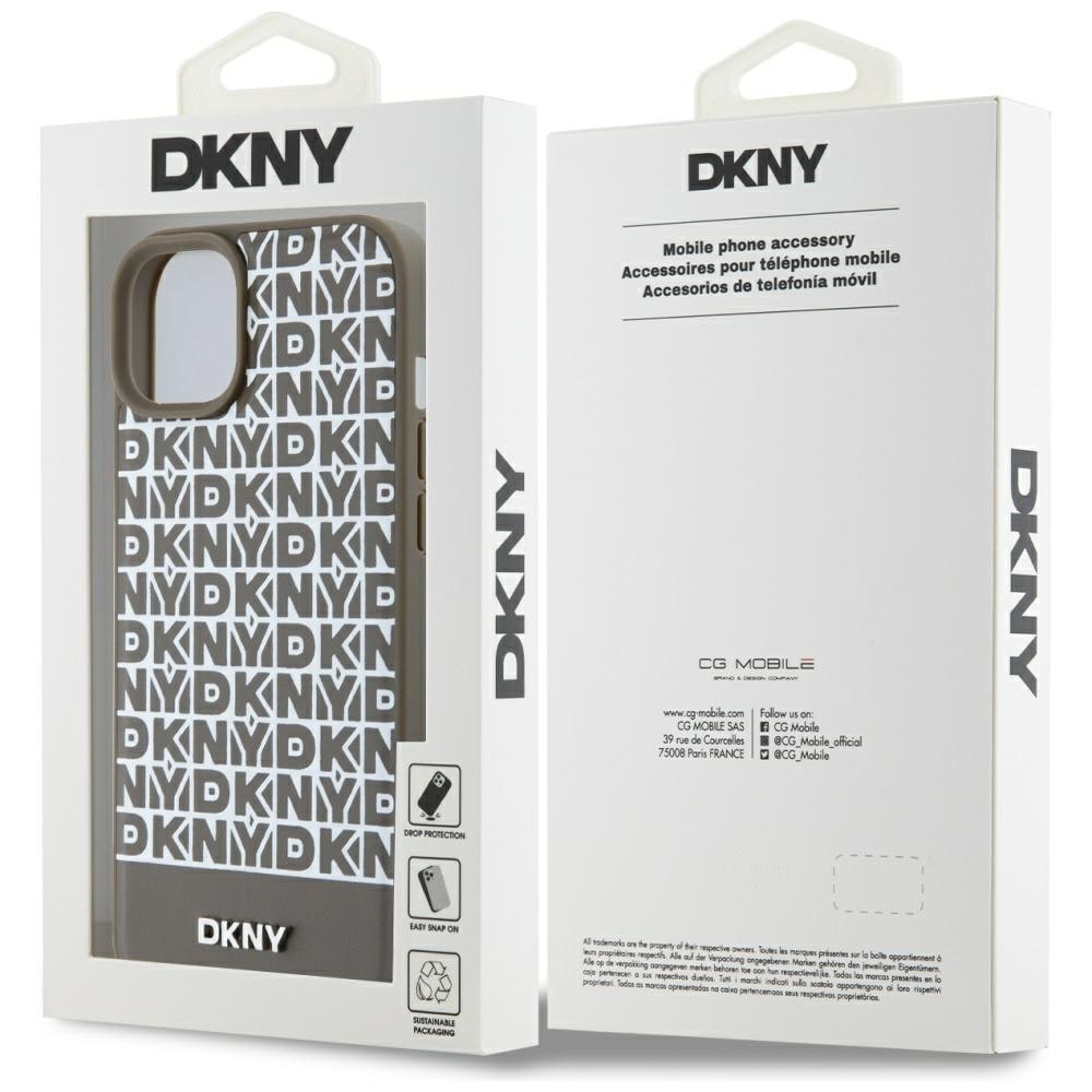 DKNY MagSafe-etui i læder med trykt mønster og metallogo til iPhone 15/14/13 - Brun