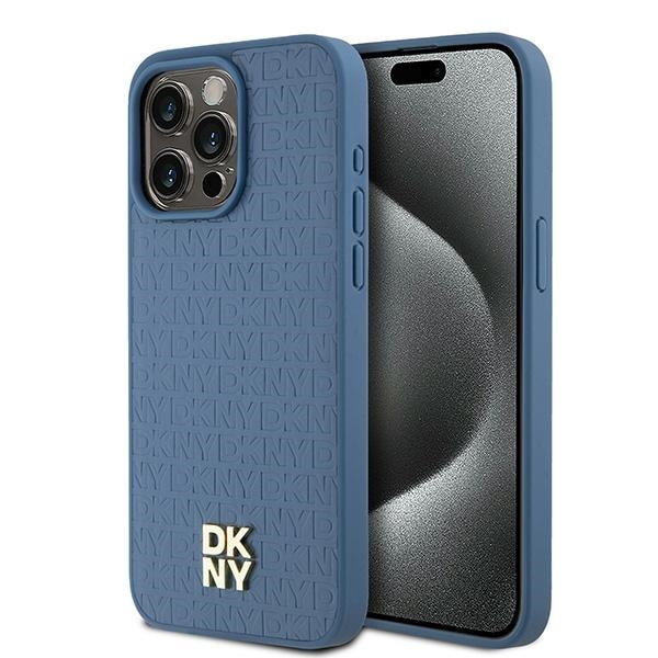 DKNY Læder Monogram Mønster Metal Logo MagSafe Etui til iPhone 15 Pro Max - Blå