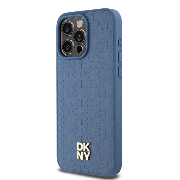 DKNY Læder Monogram Mønster Metal Logo MagSafe Etui til iPhone 15 Pro Max - Blå