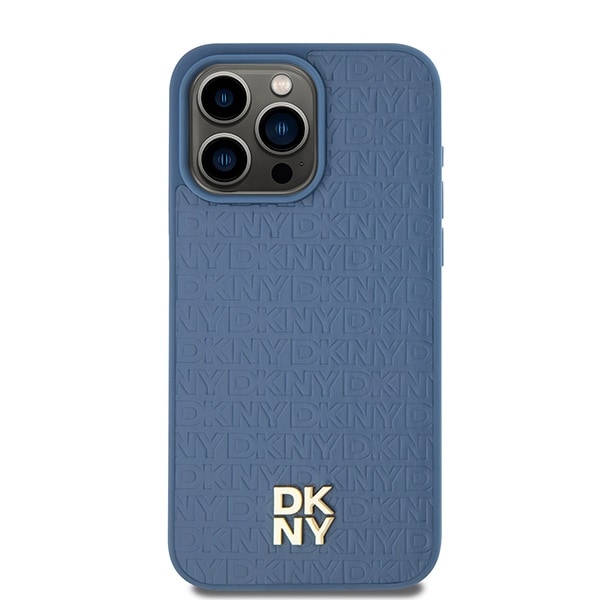 DKNY Læder Monogram Mønster Metal Logo MagSafe Etui til iPhone 15 Pro Max - Blå