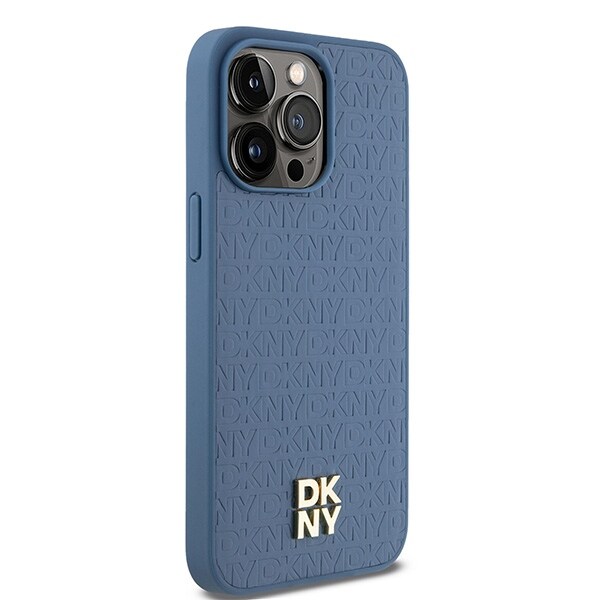 DKNY Læder Monogram Mønster Metal Logo MagSafe Etui til iPhone 15 Pro Max - Blå