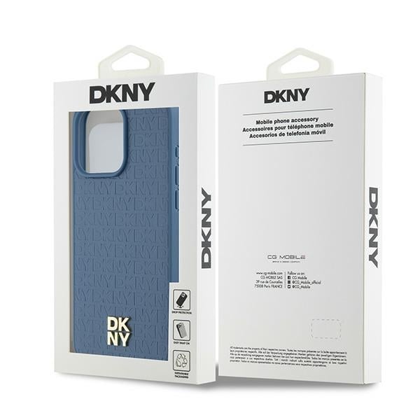 DKNY Læder Monogram Mønster Metal Logo MagSafe Etui til iPhone 15 Pro Max - Blå