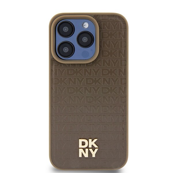 DKNY MagSafe-etui med lædermønster og metallogo til iPhone 15 Pro Max - Brun
