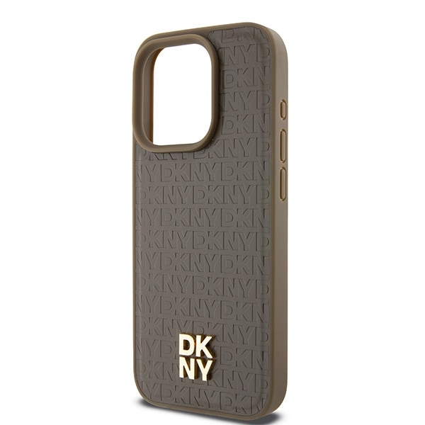 DKNY MagSafe-etui med lædermønster og metallogo til iPhone 15 Pro Max - Brun