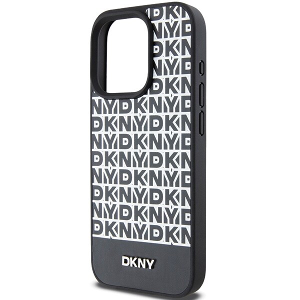 DKNY MagSafe-etui i læder med trykt mønster og metallogo til iPhone 15 Pro Max - Sort