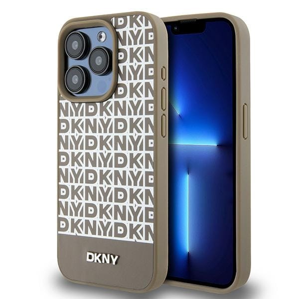 DKNY MagSafe-etui i læder med trykt mønster og metallogo til iPhone 15 Pro Max - Brun