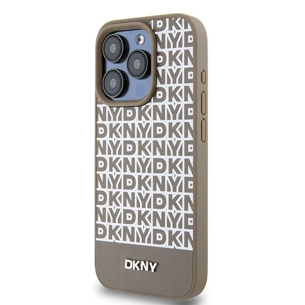 DKNY MagSafe-etui i læder med trykt mønster og metallogo til iPhone 15 Pro Max - Brun