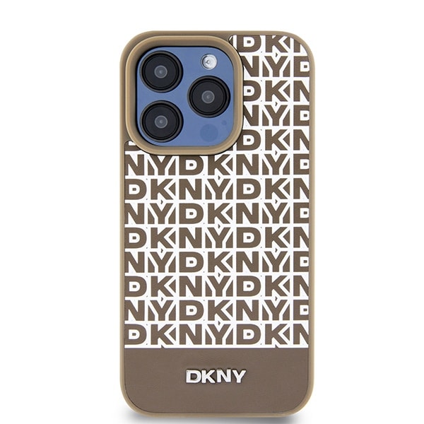 DKNY MagSafe-etui i læder med trykt mønster og metallogo til iPhone 15 Pro Max - Brun