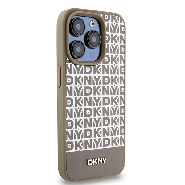 DKNY MagSafe-etui i læder med trykt mønster og metallogo til iPhone 15 Pro Max - Brun