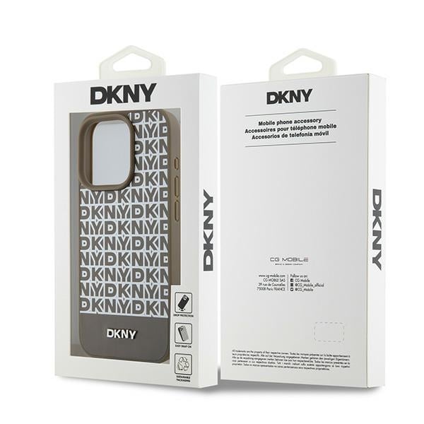 DKNY MagSafe-etui i læder med trykt mønster og metallogo til iPhone 15 Pro Max - Brun