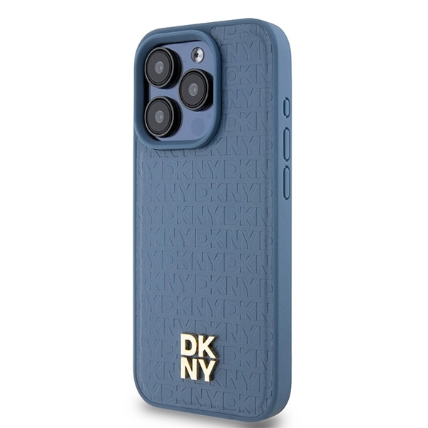 DKNY Læder Monogram Mønster Metal Logo MagSafe Etui til iPhone 15 Pro - Blå