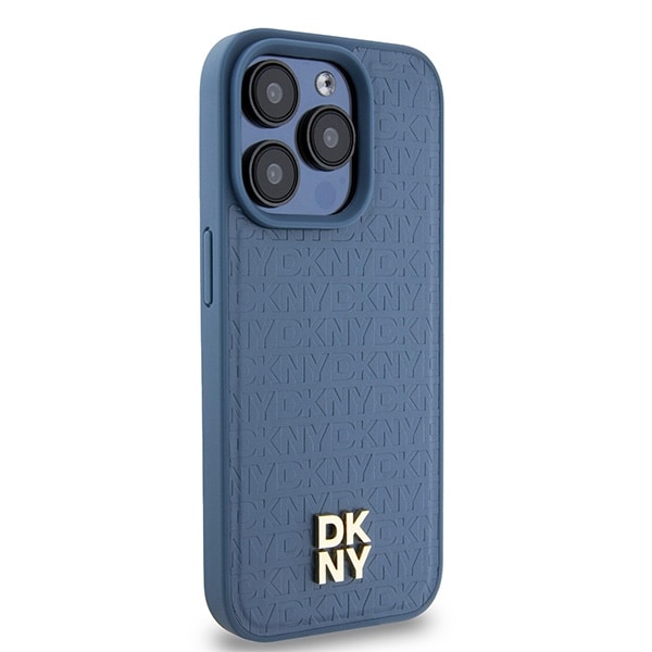 DKNY Læder Monogram Mønster Metal Logo MagSafe Etui til iPhone 15 Pro - Blå