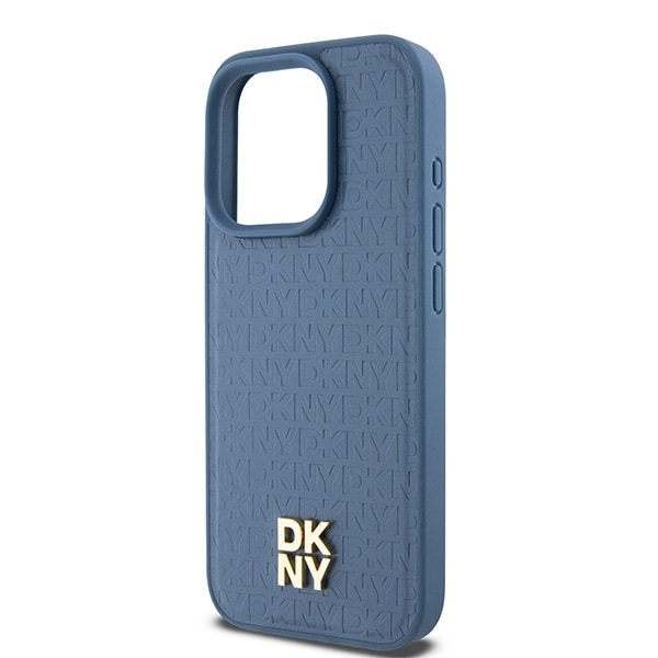 DKNY Læder Monogram Mønster Metal Logo MagSafe Etui til iPhone 15 Pro - Blå