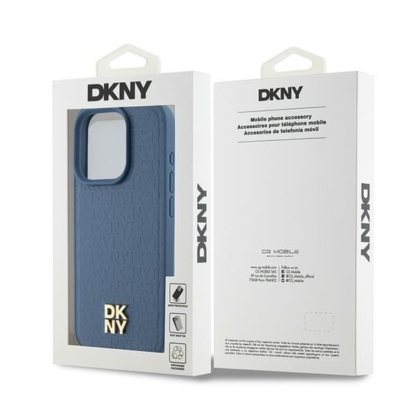 DKNY Læder Monogram Mønster Metal Logo MagSafe Etui til iPhone 15 Pro - Blå
