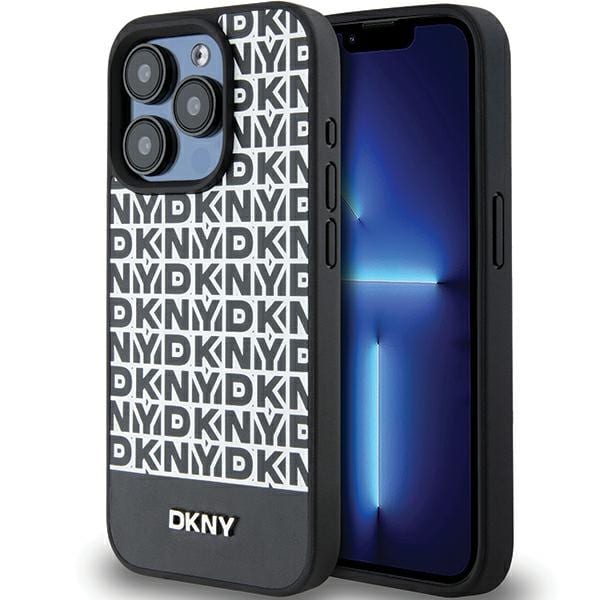 DKNY MagSafe-etui i læder med trykt mønster og metallogo til iPhone 15 Pro - Sort
