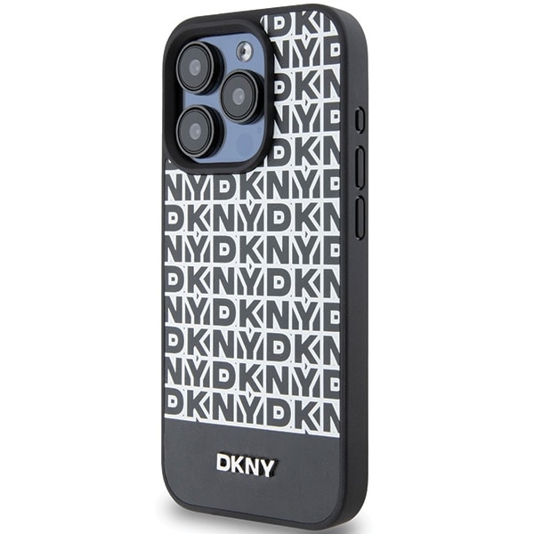 DKNY MagSafe-etui i læder med trykt mønster og metallogo til iPhone 15 Pro - Sort