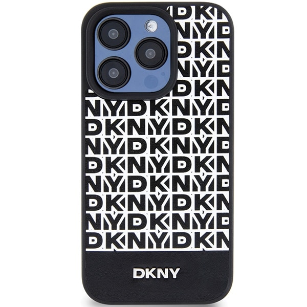 DKNY MagSafe-etui i læder med trykt mønster og metallogo til iPhone 15 Pro - Sort