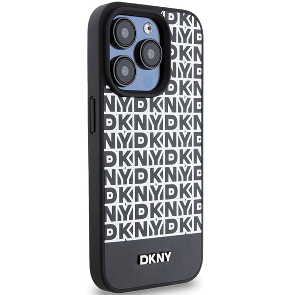 DKNY MagSafe-etui i læder med trykt mønster og metallogo til iPhone 15 Pro - Sort