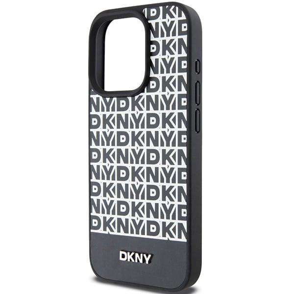 DKNY MagSafe-etui i læder med trykt mønster og metallogo til iPhone 15 Pro - Sort