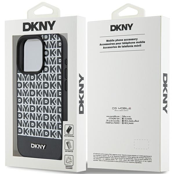 DKNY MagSafe-etui i læder med trykt mønster og metallogo til iPhone 15 Pro - Sort