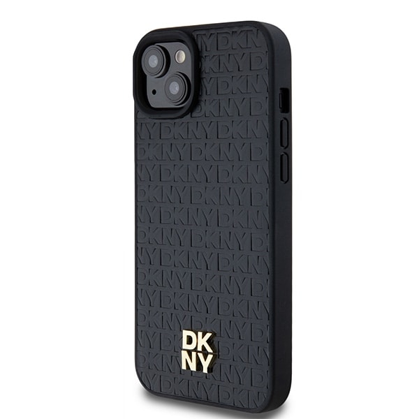 DKNY Læder Monogram Mønster Metal Logo MagSafe Etui til iPhone 15 Plus / 14 Plus - Sort
