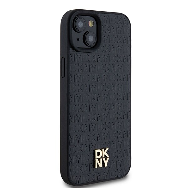 DKNY Læder Monogram Mønster Metal Logo MagSafe Etui til iPhone 15 Plus / 14 Plus - Sort