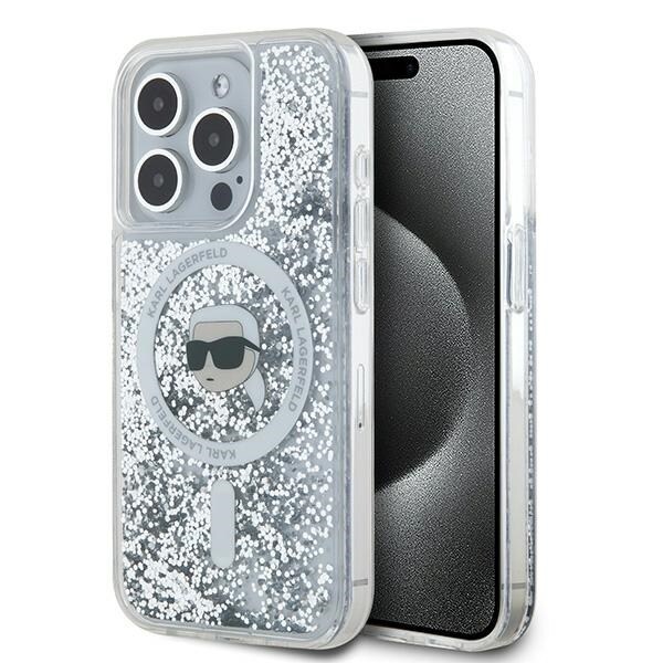 Karl Lagerfeld Liquid Glitter Karl Head MagSafe-etui til iPhone 15 Pro - gennemsigtig
