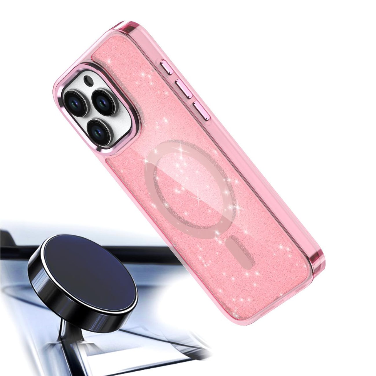 Glitteretui MagSafe til iPhone 16 Pro - pink med glitter