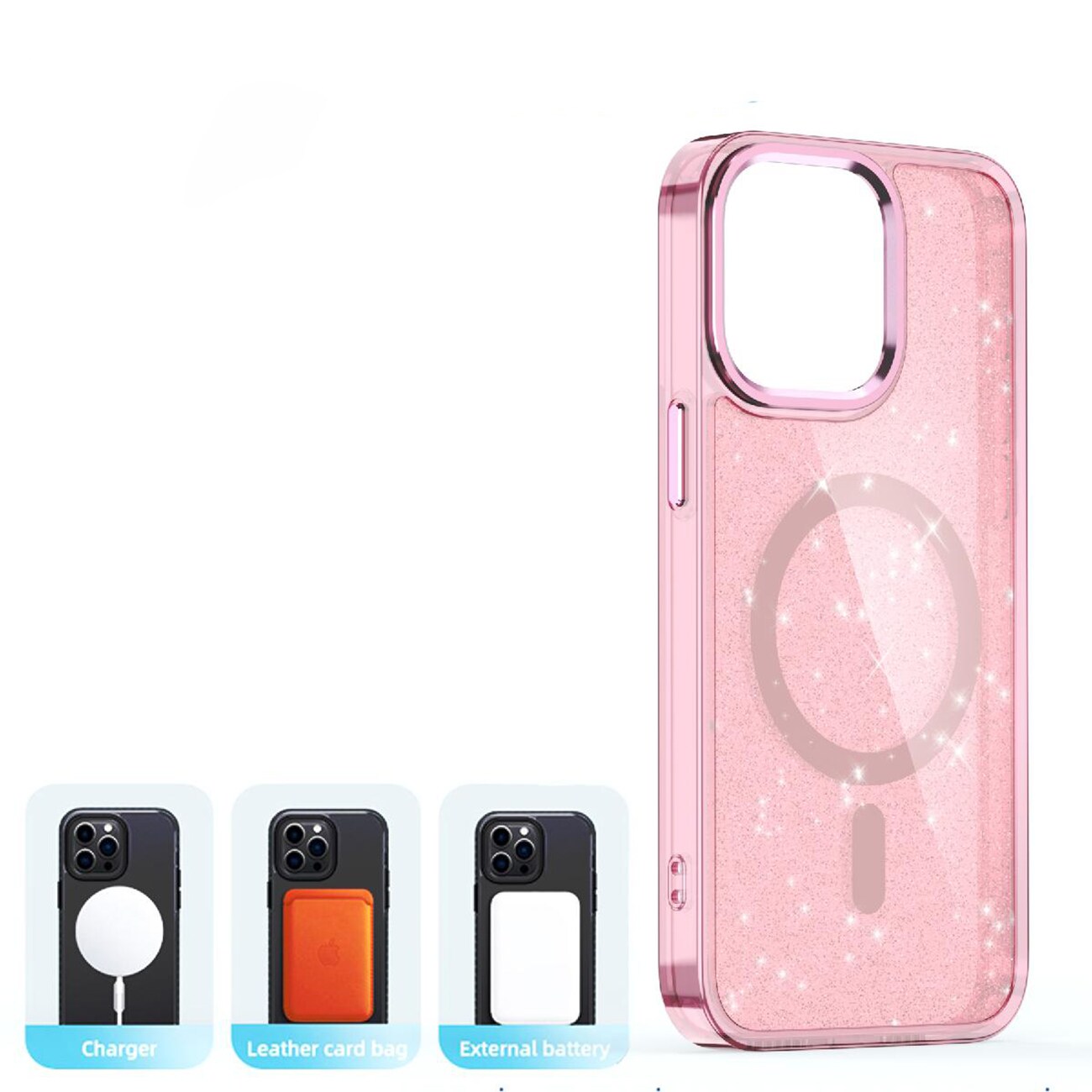 Glitteretui MagSafe til iPhone 16 Pro - pink med glitter