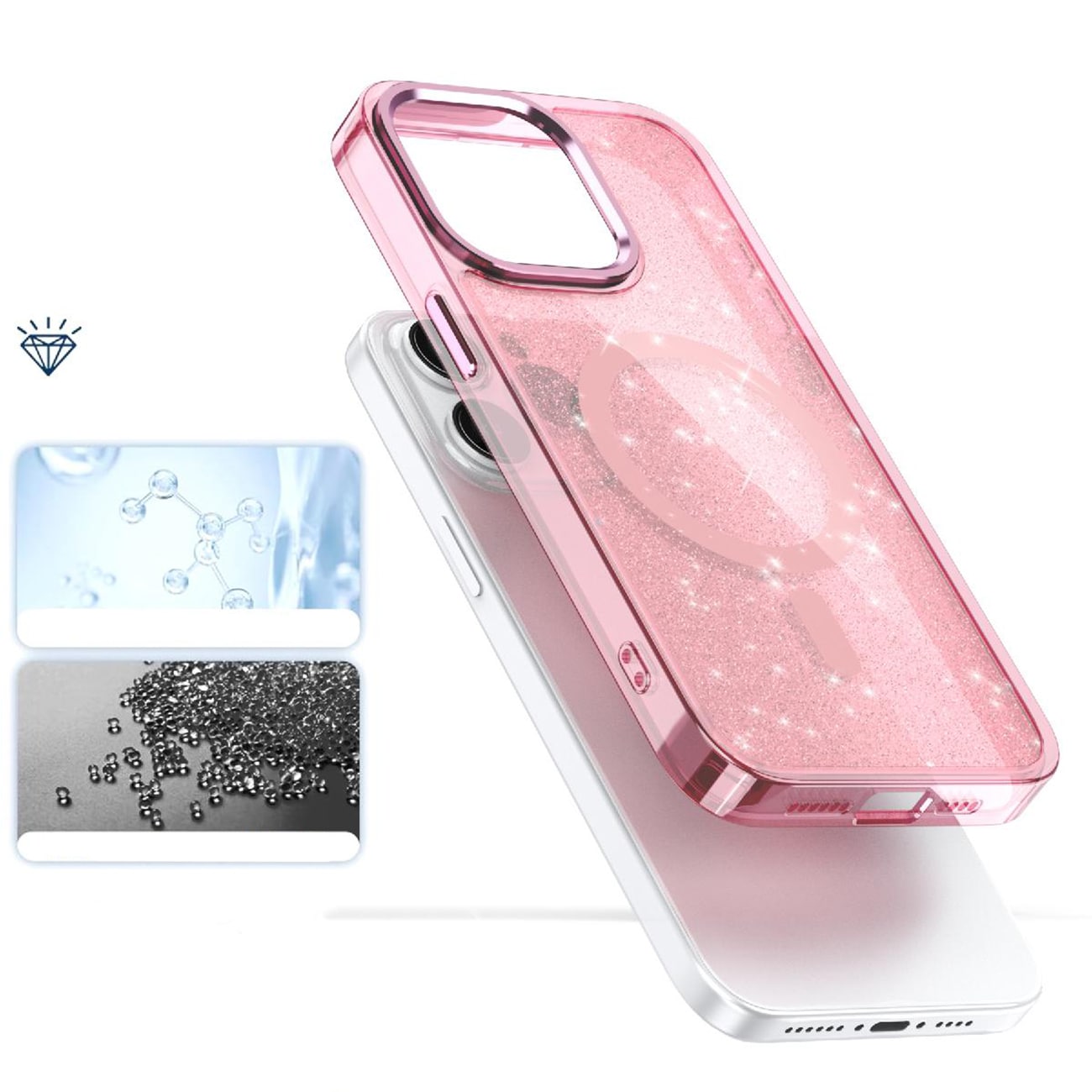 Glitteretui MagSafe til iPhone 16 Pro Max - pink med glitter