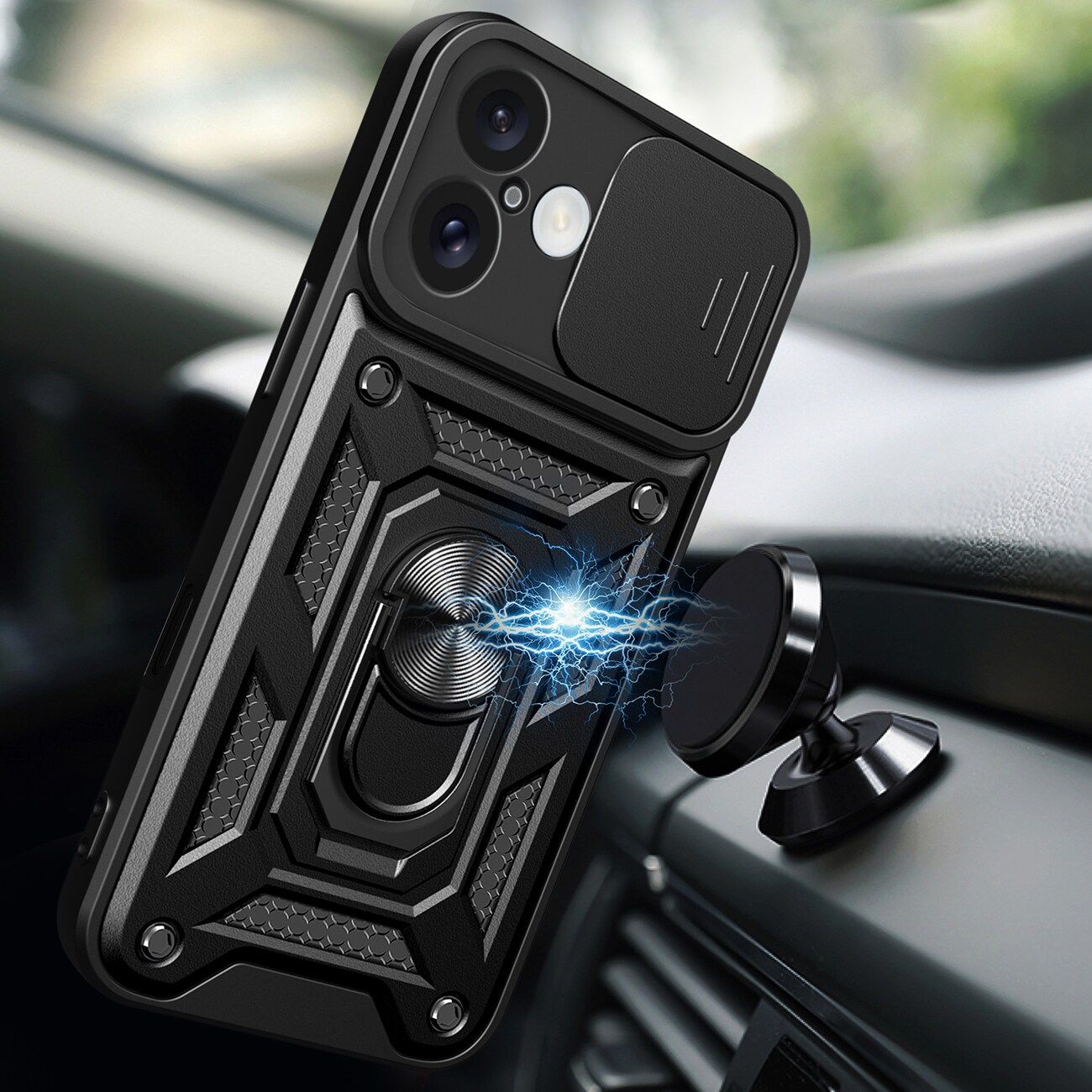 Hybrid Armor Camshield iPhone 16 Panseret taske med kameradæksel og stativ - Sort