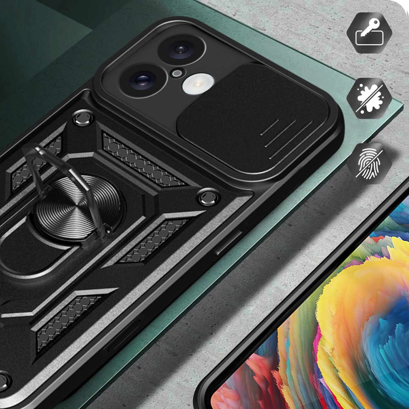 Hybrid Armor Camshield iPhone 16 Panseret taske med kameradæksel og stativ - Sort