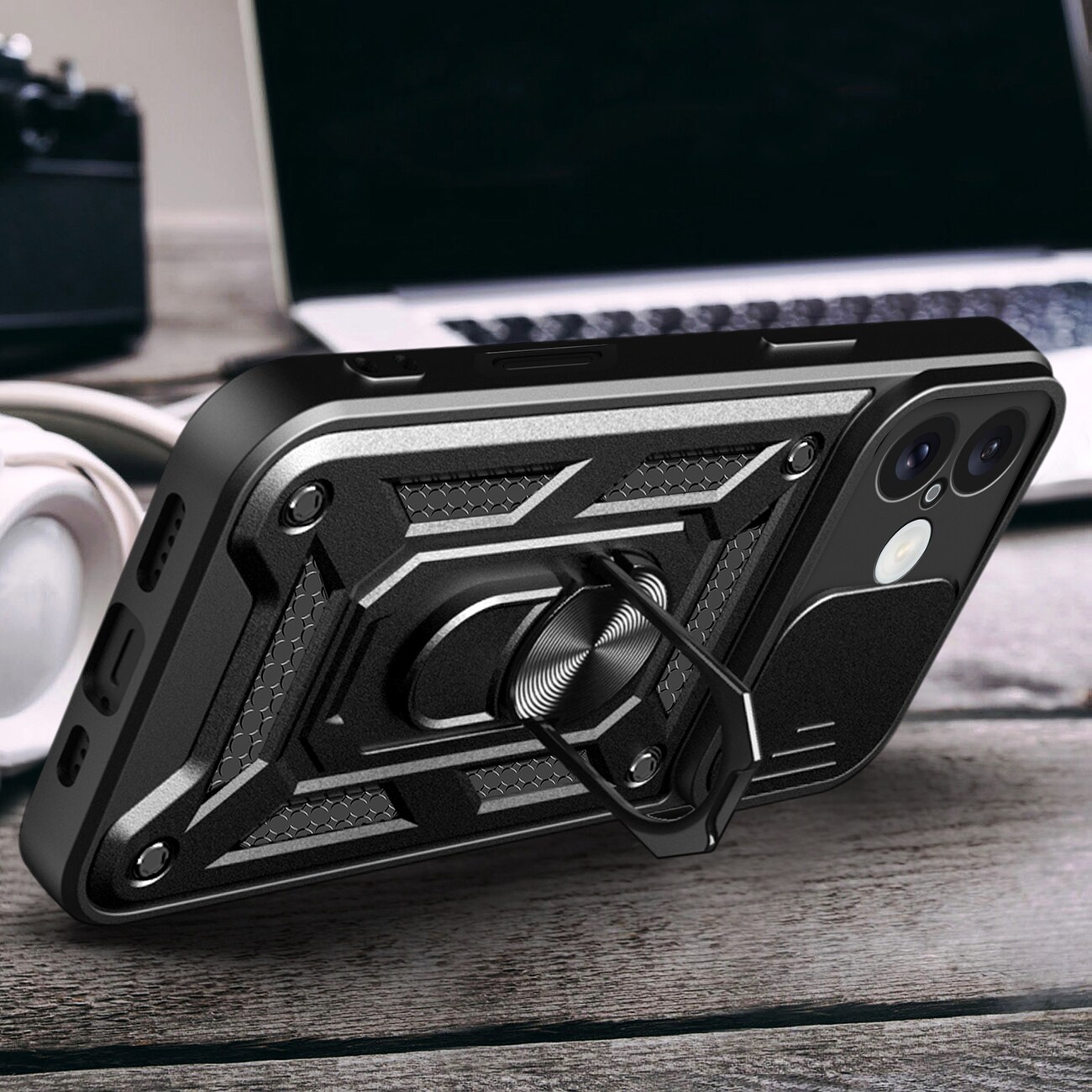 Hybrid Armor Camshield iPhone 16 Panseret taske med kameradæksel og stativ - Sort