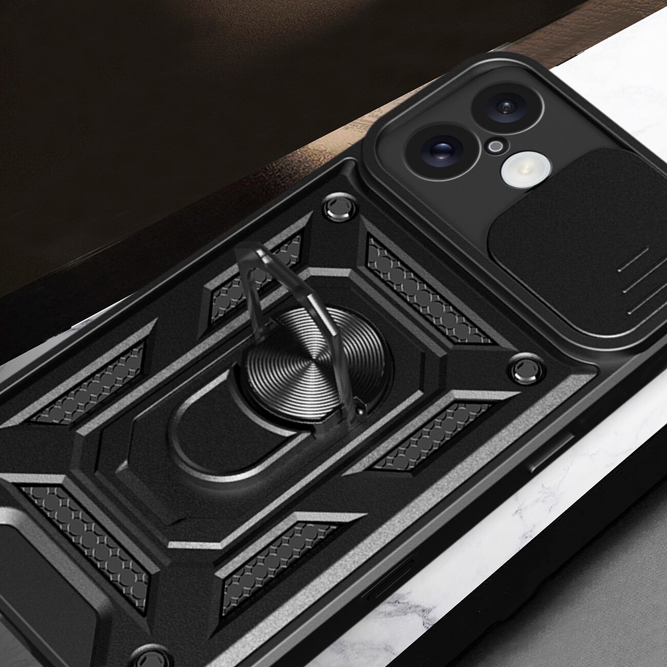 Hybrid Armor Camshield iPhone 16 Panseret taske med kameradæksel og stativ - Sort