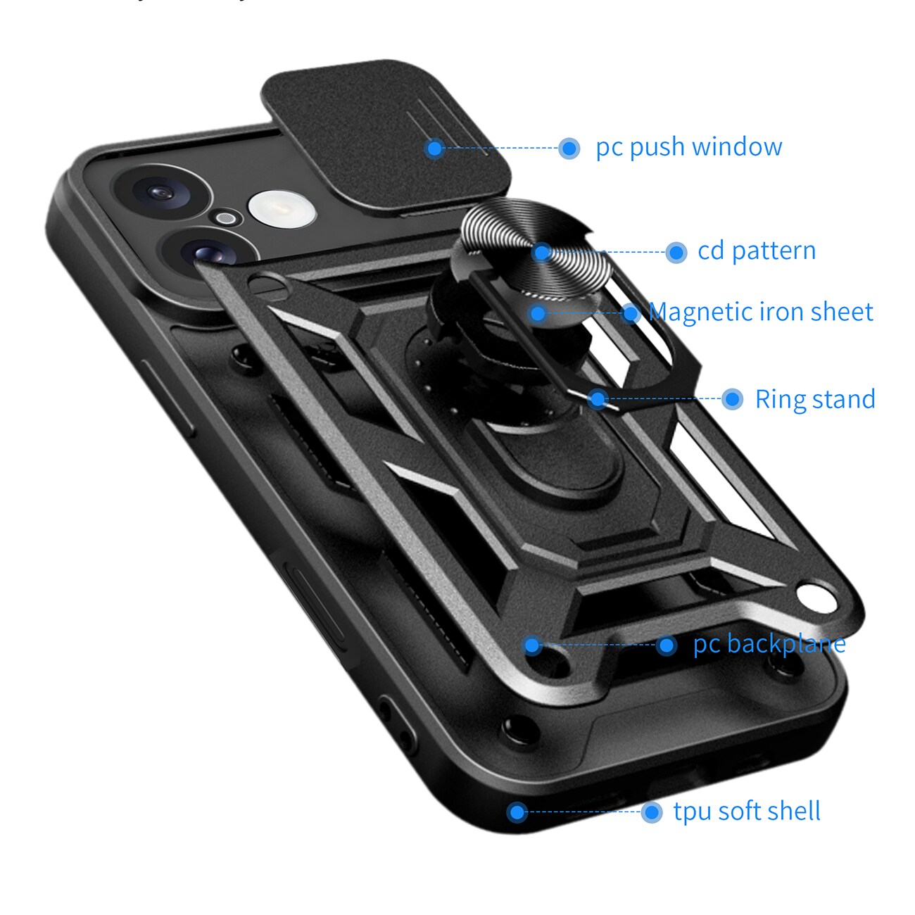 Hybrid Armor Camshield iPhone 16 Panseret taske med kameradæksel og stativ - Sort