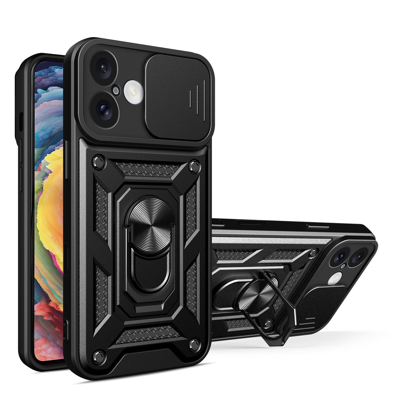 Hybrid Armor Camshield iPhone 16 Plus panseret etui med kameradæksel og stativ - Sort
