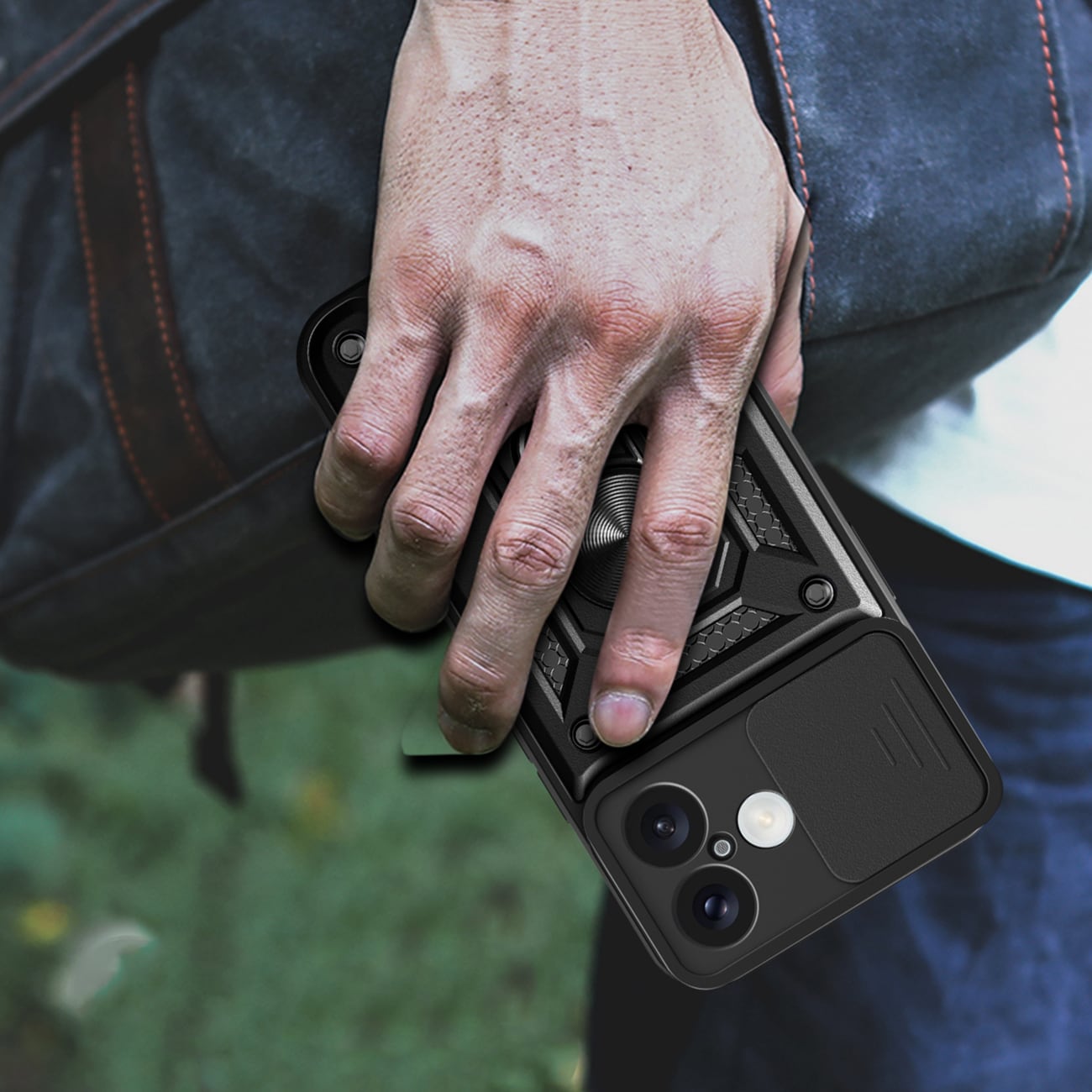 Hybrid Armor Camshield iPhone 16 Plus panseret etui med kameradæksel og stativ - Sort