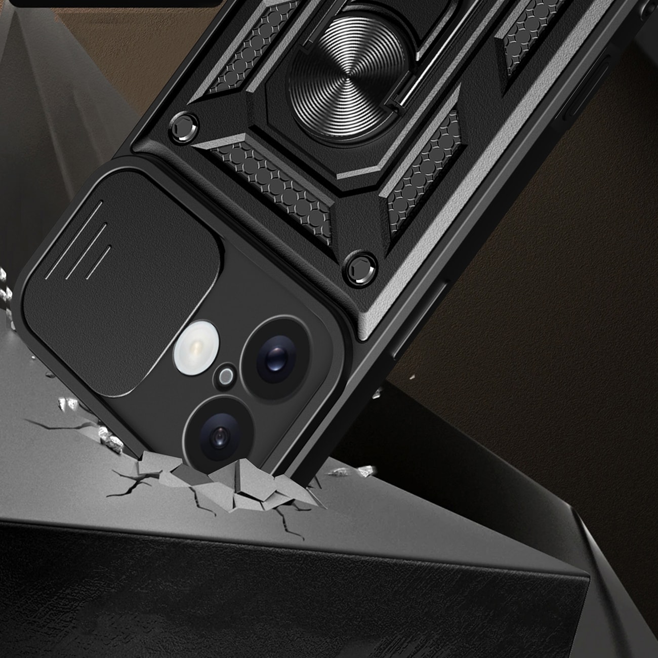 Hybrid Armor Camshield iPhone 16 Plus panseret etui med kameradæksel og stativ - Sort