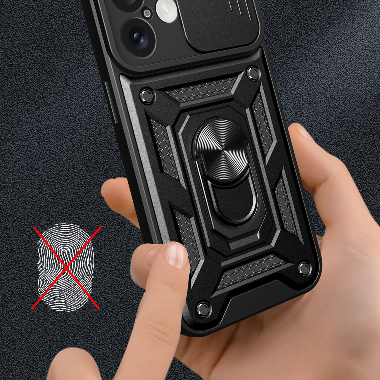 Hybrid Armor Camshield iPhone 16 Plus panseret etui med kameradæksel og stativ - Sort