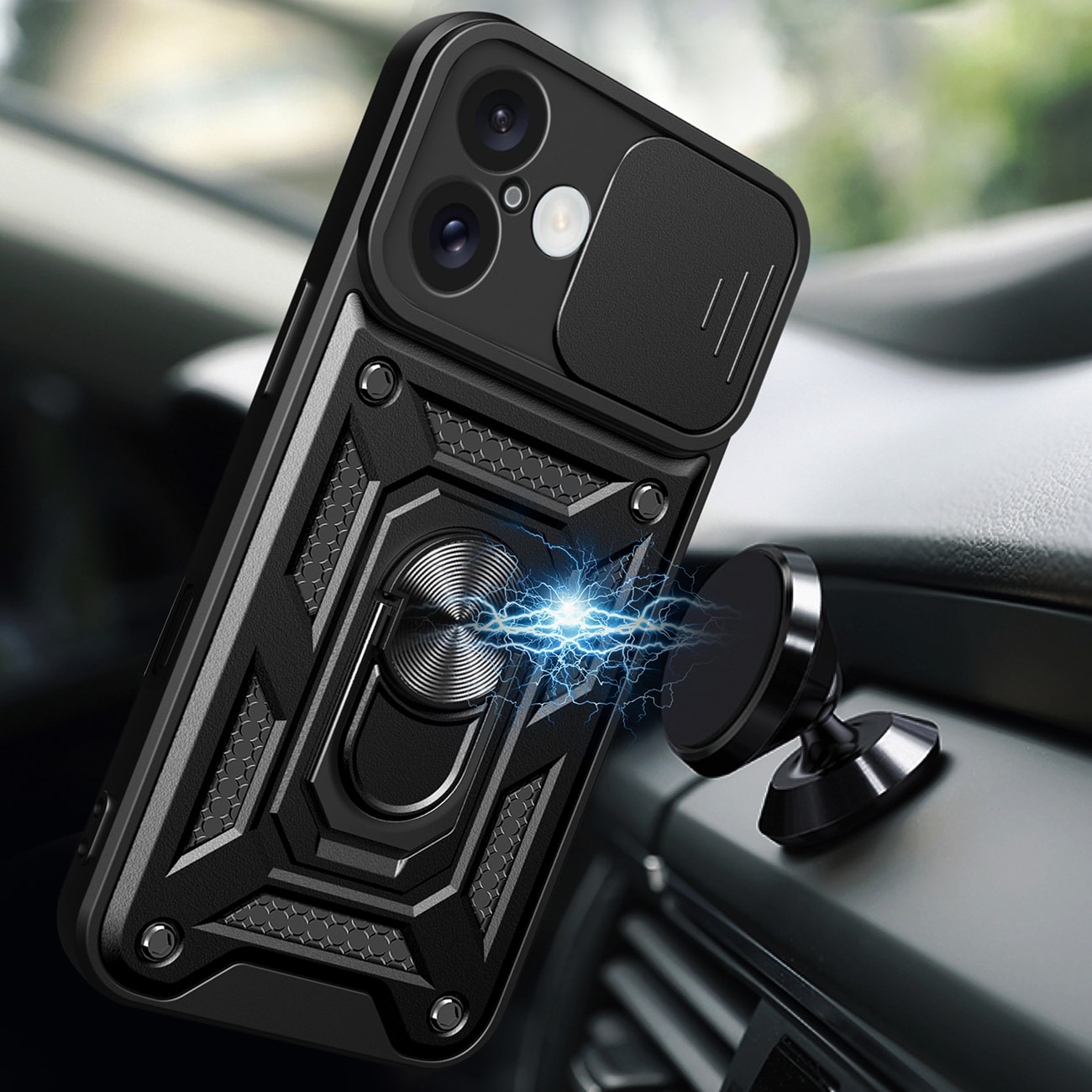 Hybrid Armor Camshield iPhone 16 Plus panseret etui med kameradæksel og stativ - Sort