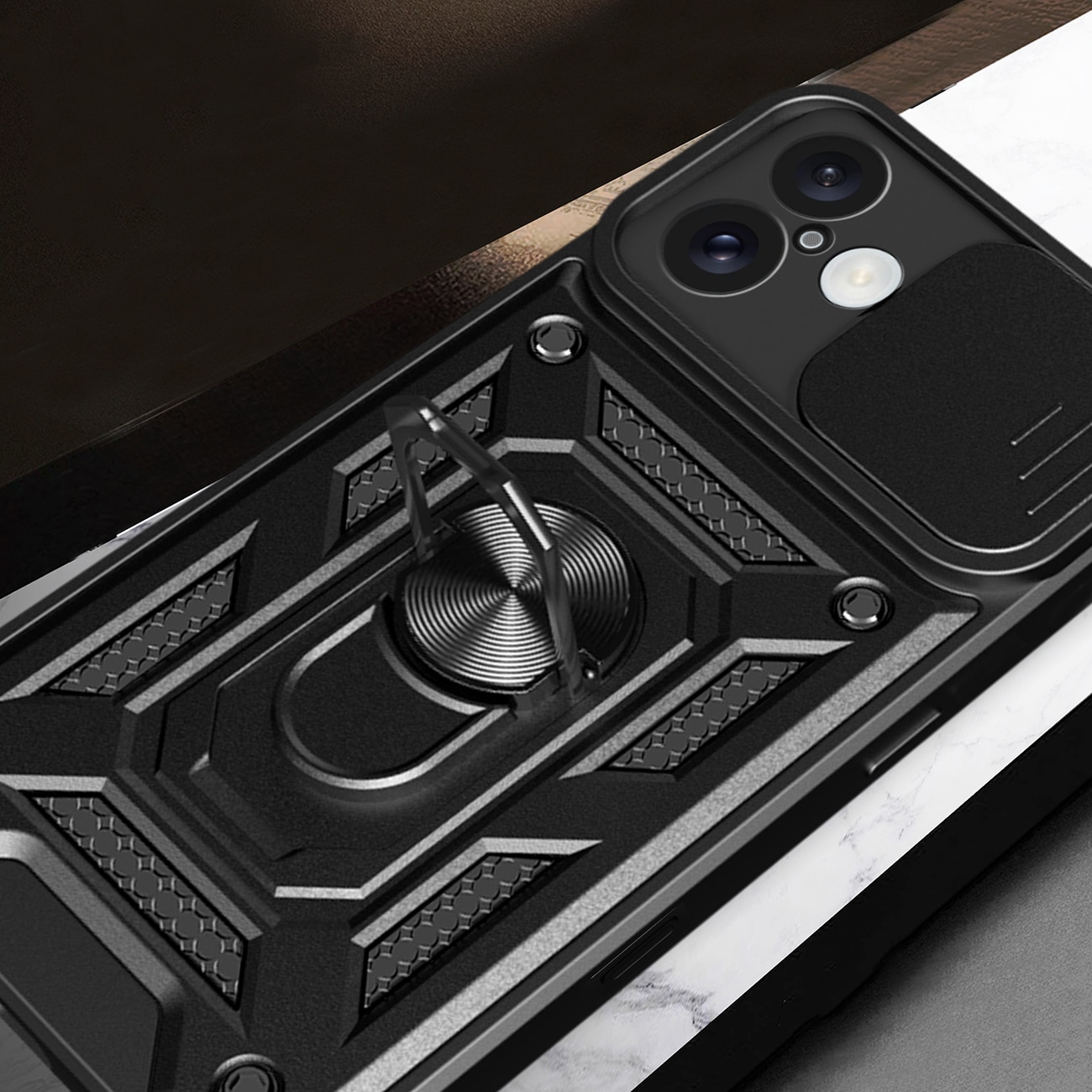 Hybrid Armor Camshield iPhone 16 Plus panseret etui med kameradæksel og stativ - Sort