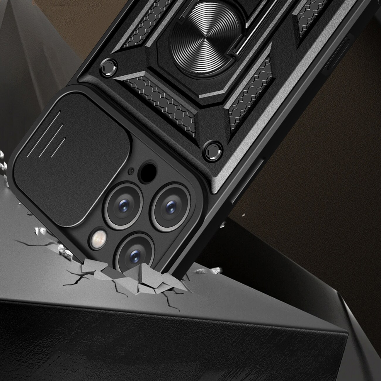 Hybrid Armor Camshield iPhone 16 Pro-etui med kameradæksel og stativ - sort