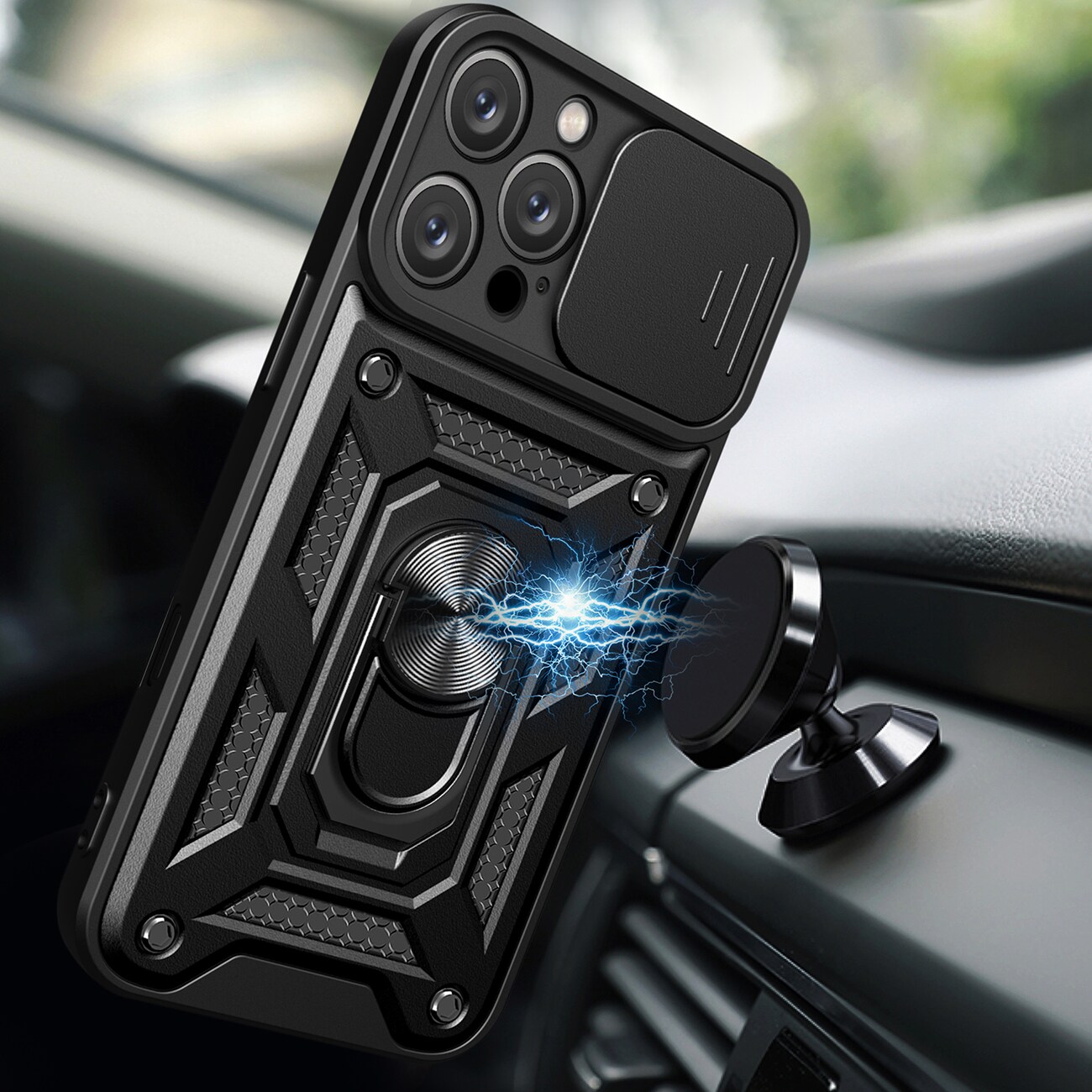 Hybrid Armor Camshield iPhone 16 Pro-etui med kameradæksel og stativ - sort