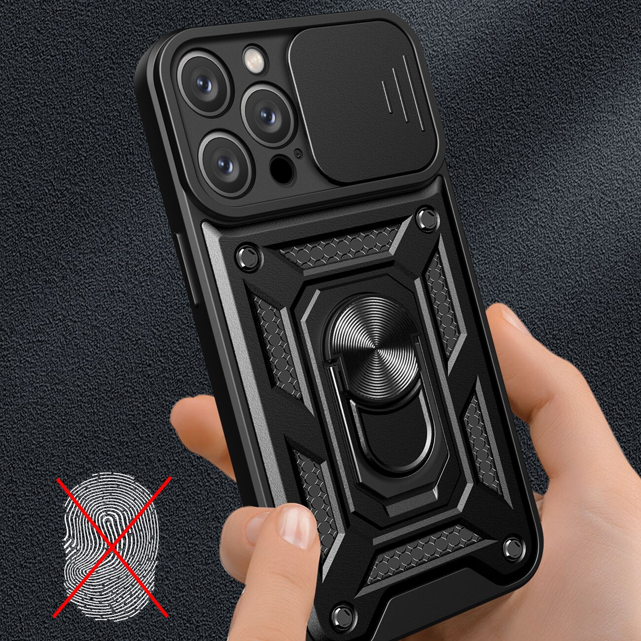 Hybrid Armor Camshield iPhone 16 Pro-etui med kameradæksel og stativ - sort