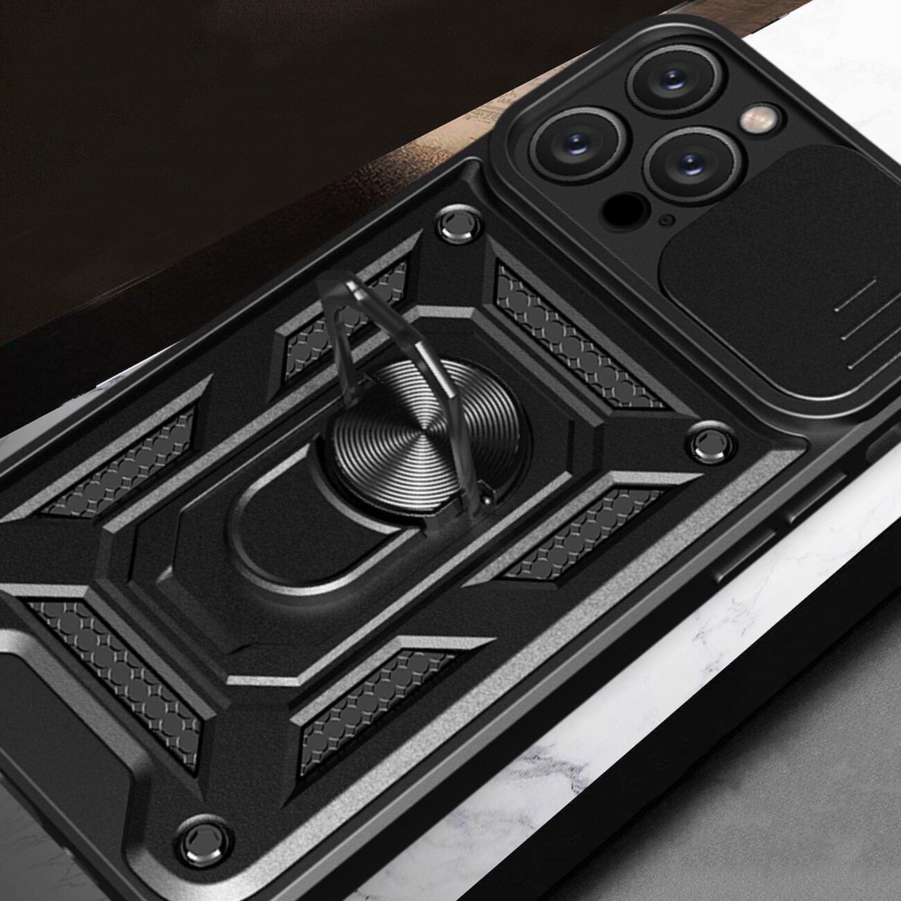 Hybrid Armor Camshield iPhone 16 Pro-etui med kameradæksel og stativ - sort